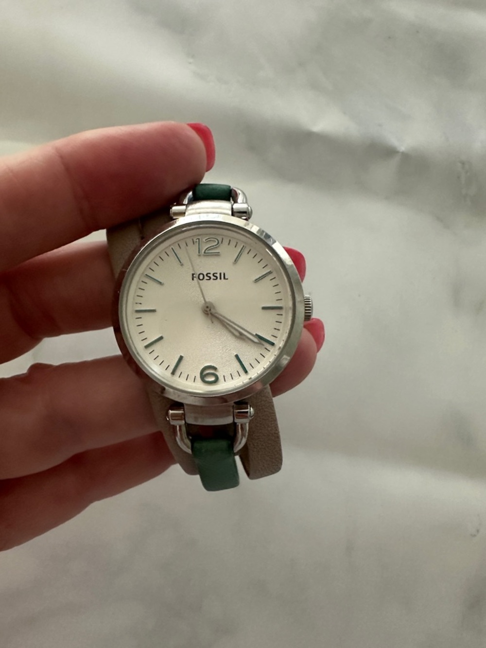 Fossil Women's Silver Dial Watch with Green and Taupe Leather Wrap Strap